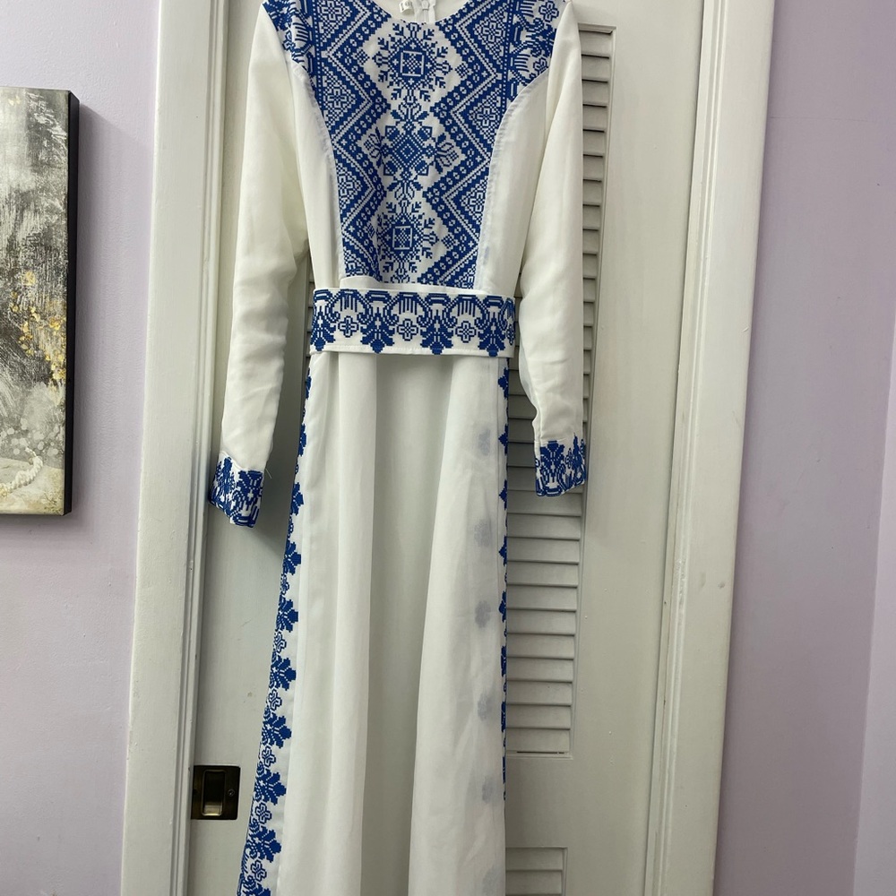 Elegant Blue and White Embroidered Dress